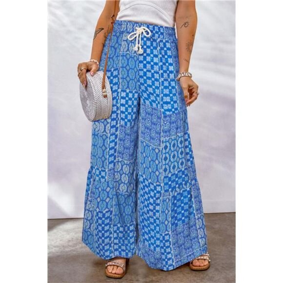 Full Size Drawstring Printed Wide Leg Pants - Picture 7 of 15